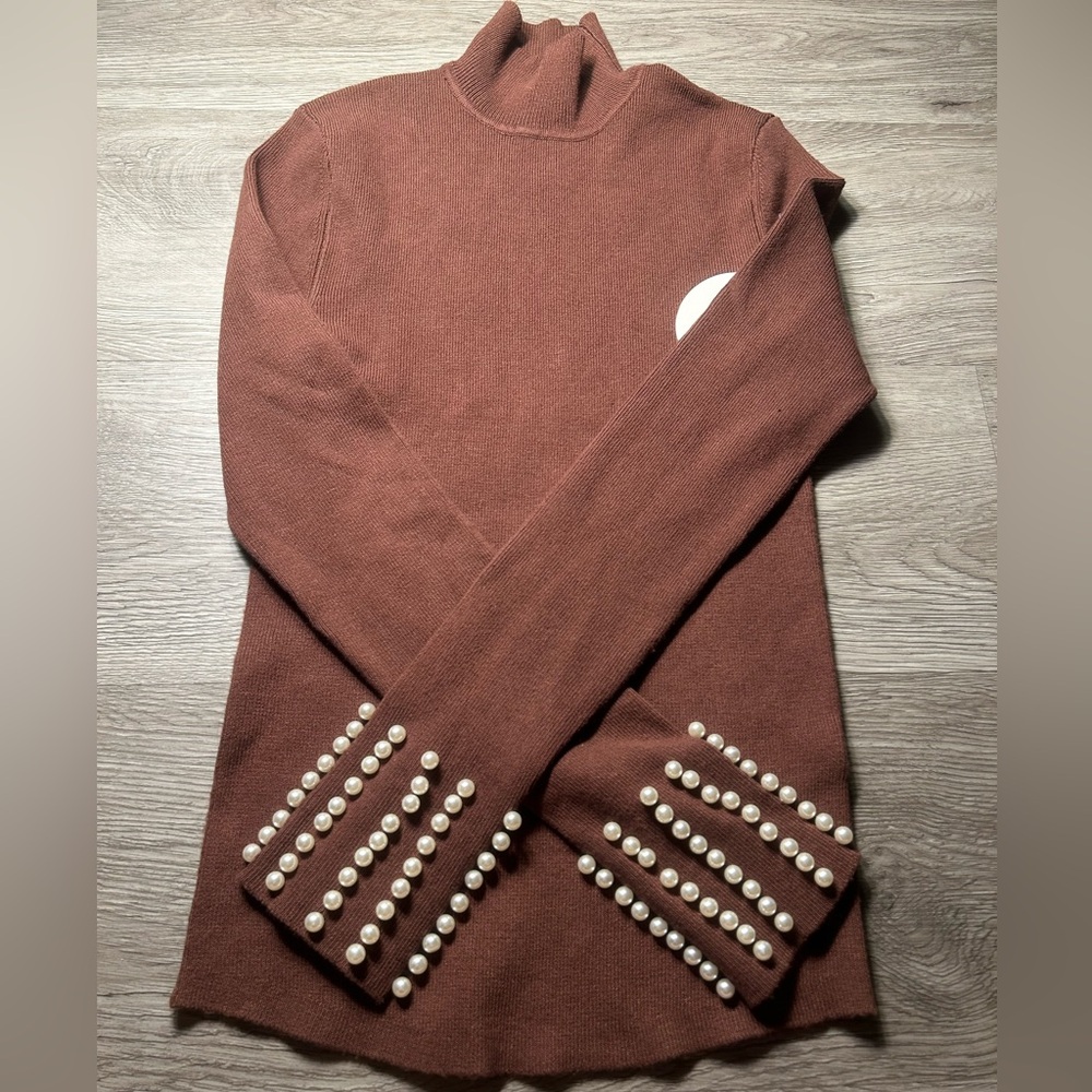 Brown Sweater with Pearl Embellishments